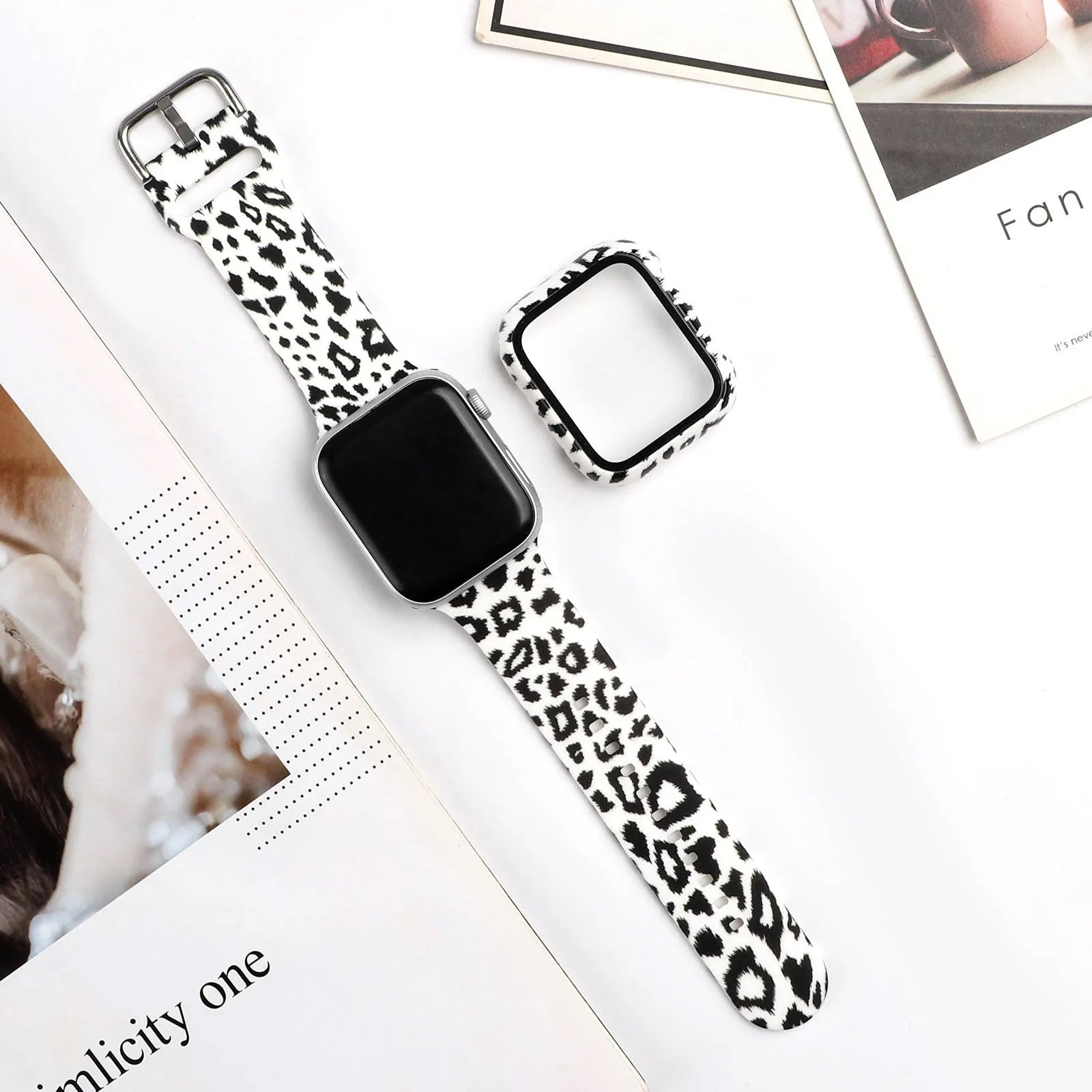 Printed silicone replacement strap for Apple iWatch models showing multiple design options and size selections.