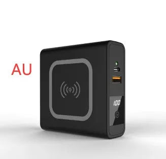 Black and white 10000mAh power bank with wireless charging, a fold-out plug, and international travel adapters.