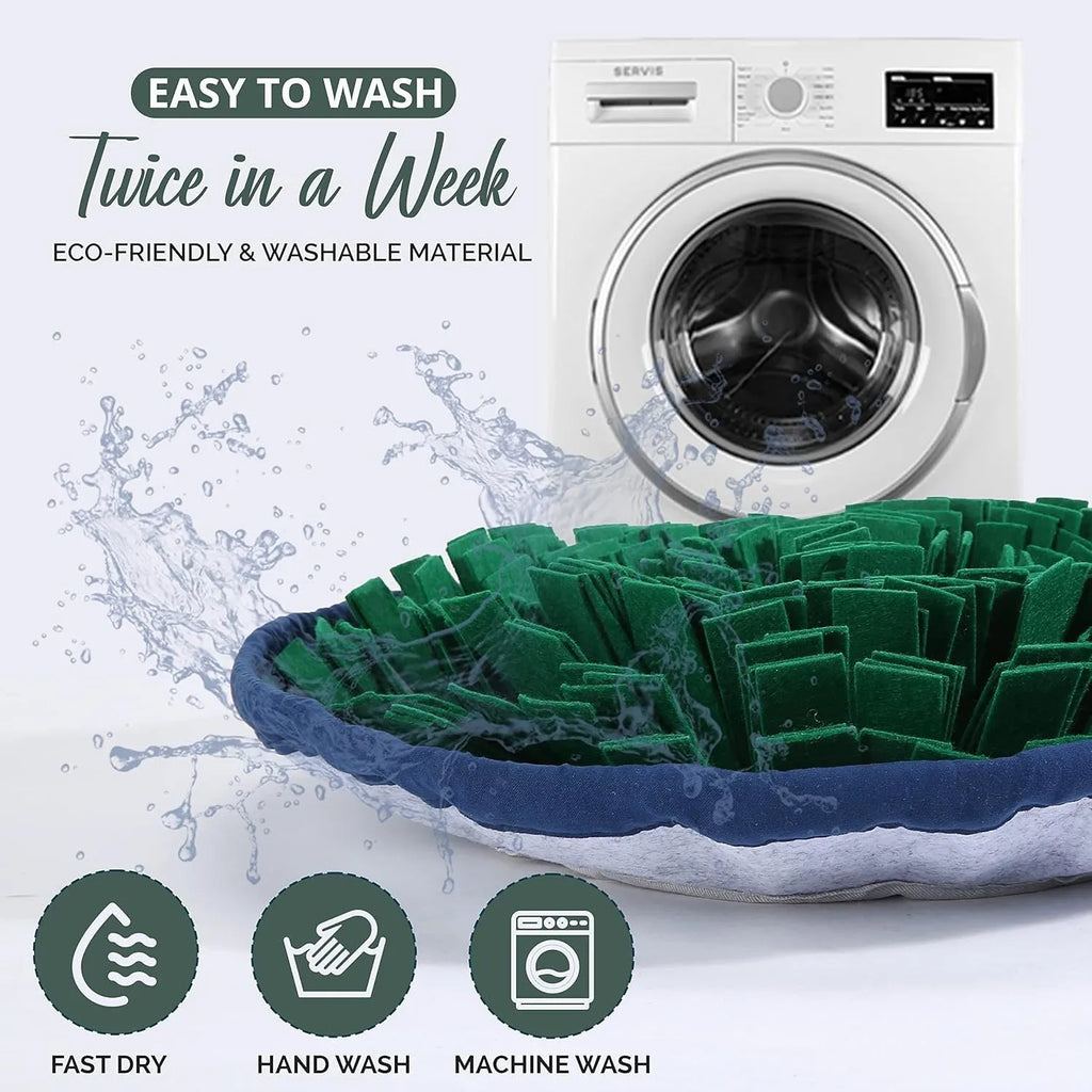 Blue and green adjustable fleece snuffle mats for dogs, shown with kibble scattered in the folds.
