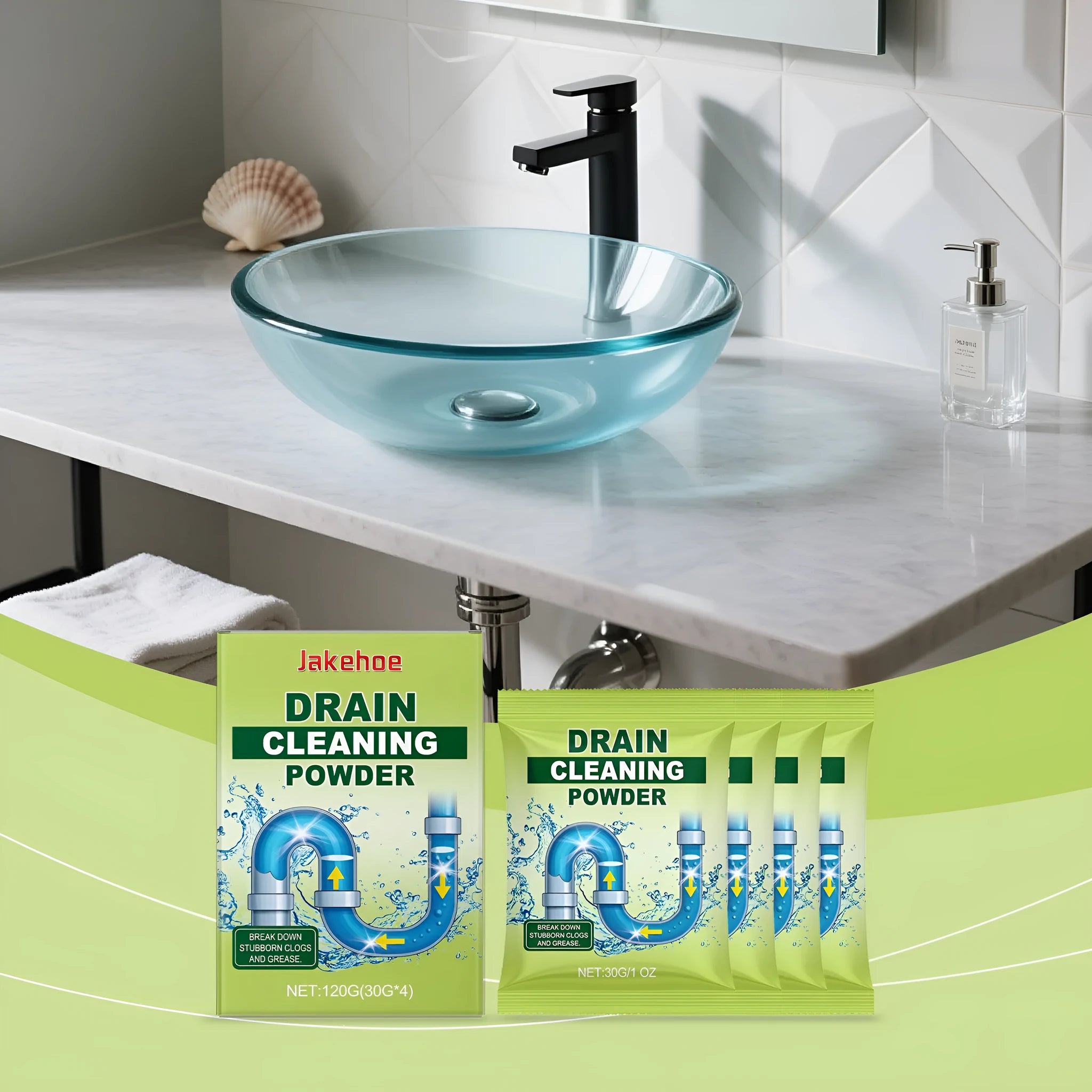 120g container of drain cleaning powder for sinks and basins