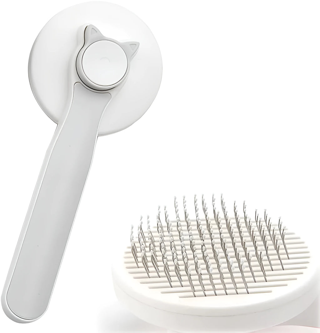 Blue self-cleaning cat brush with rubber-tipped needles and ergonomic handle for pet grooming