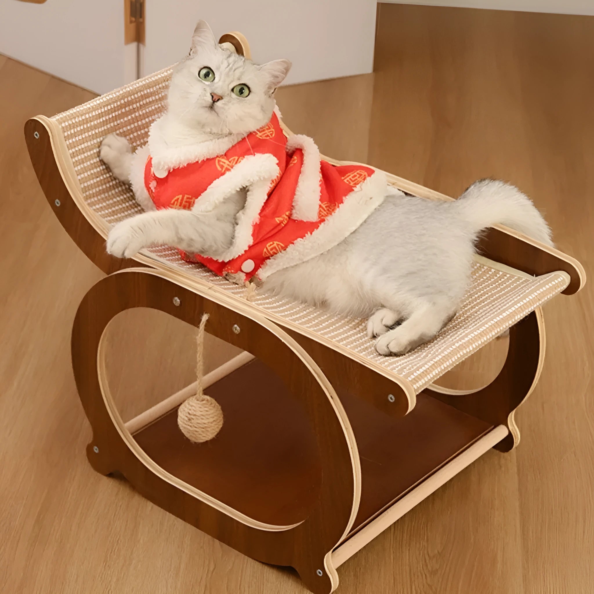 Solid wood cat scratching post bed with sisal surface in walnut colour