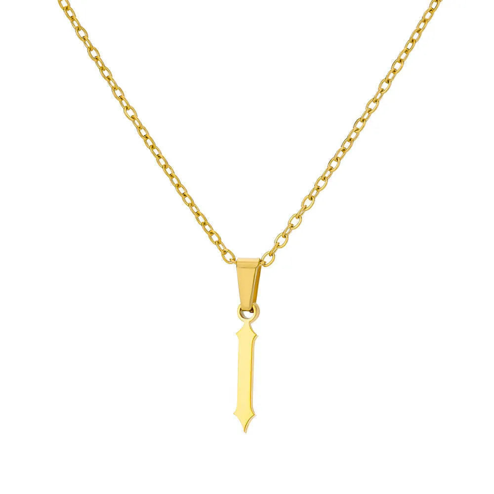 Gold stainless steel ancient English letter pendant necklace with O-ring chain on white background