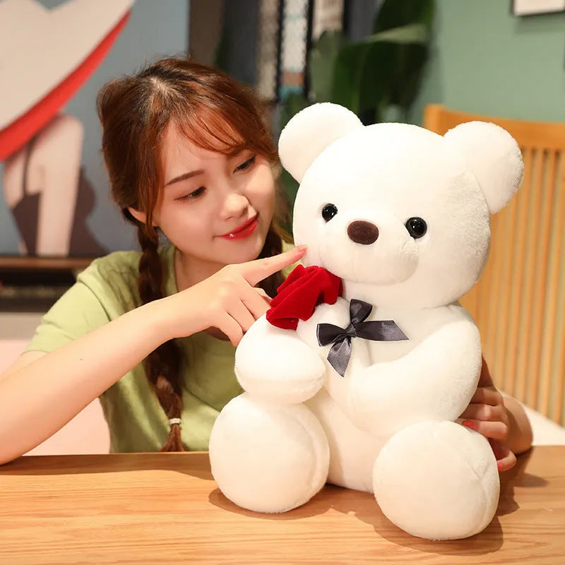 Rose pattern teddy bear plush doll in beige, brown or grey colours with soft fabric texture