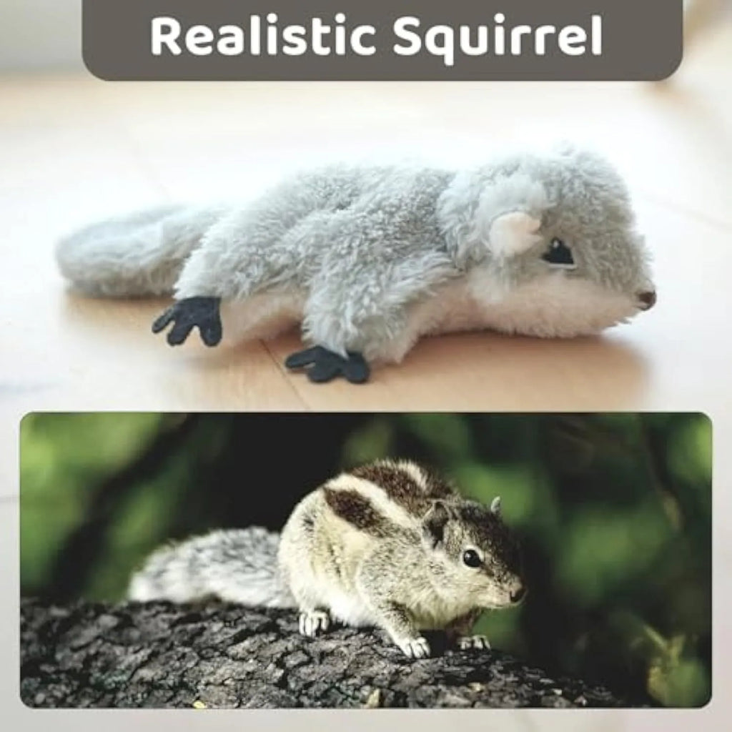 Grey flapping squirrel cat toy with touch-activated motion and USB charging port