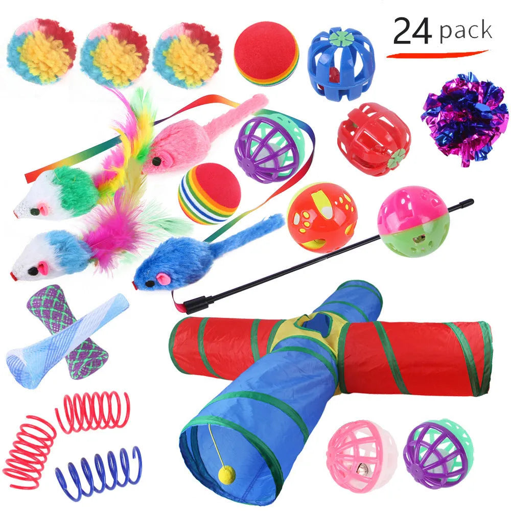 Plastic cat toy channel maze set with coloured accessories for feline play