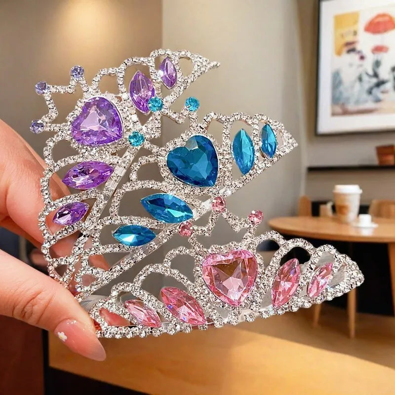 Pink crystal crown metal headband for girls, an alloy hair accessory with electroplated finish.