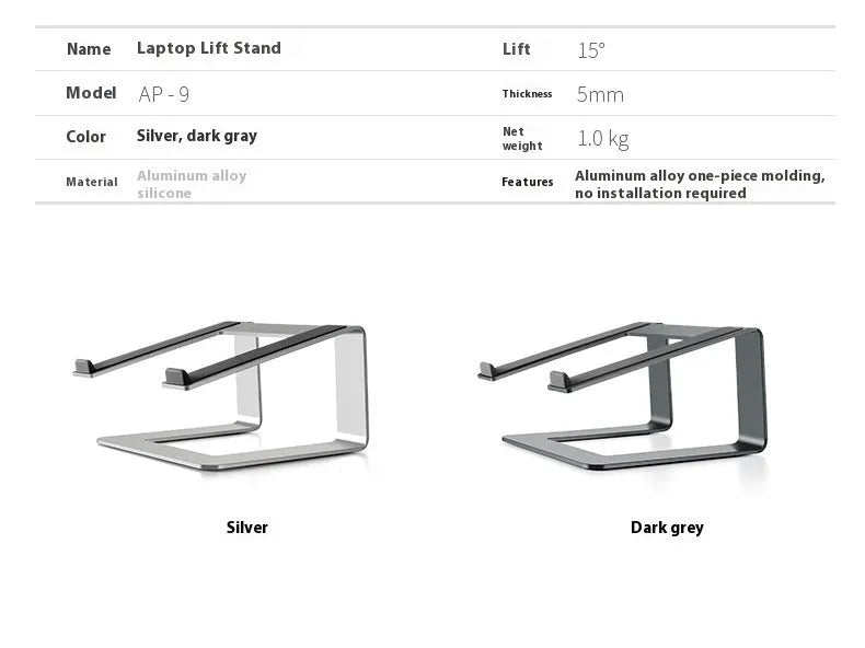 Aluminium alloy laptop stand in black or silver measuring 29.9 x 25.8 x 18.5 cm on a desk