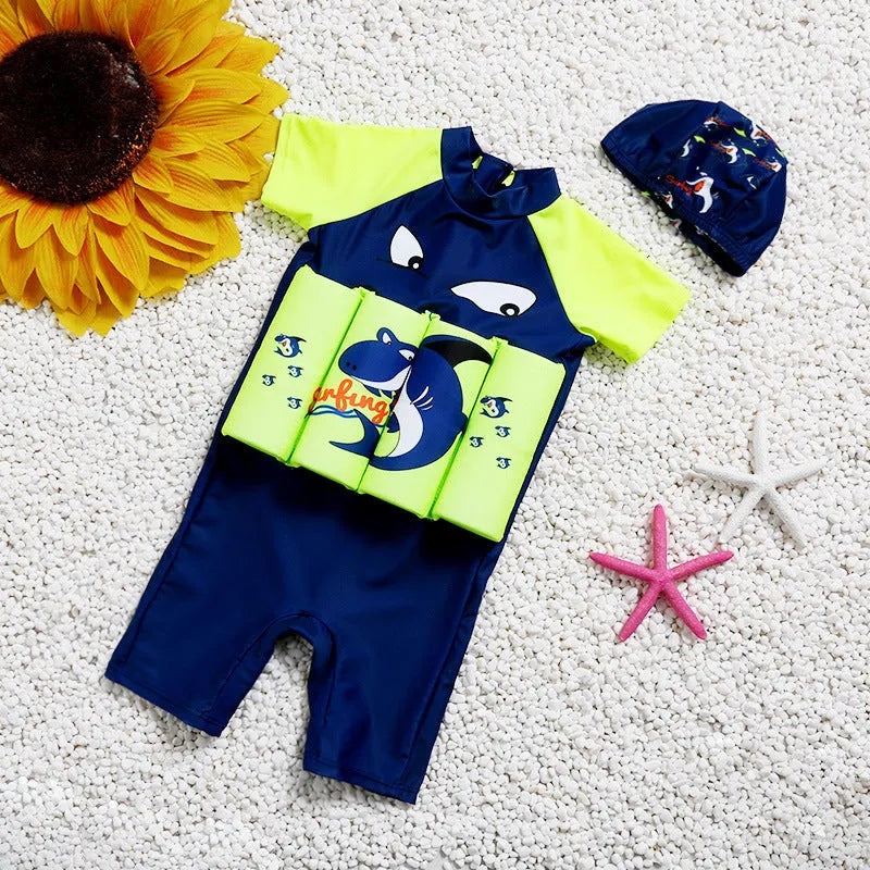 Buoyancy swimsuit with sun protection showing shark boy cartoon design on nylon fabric