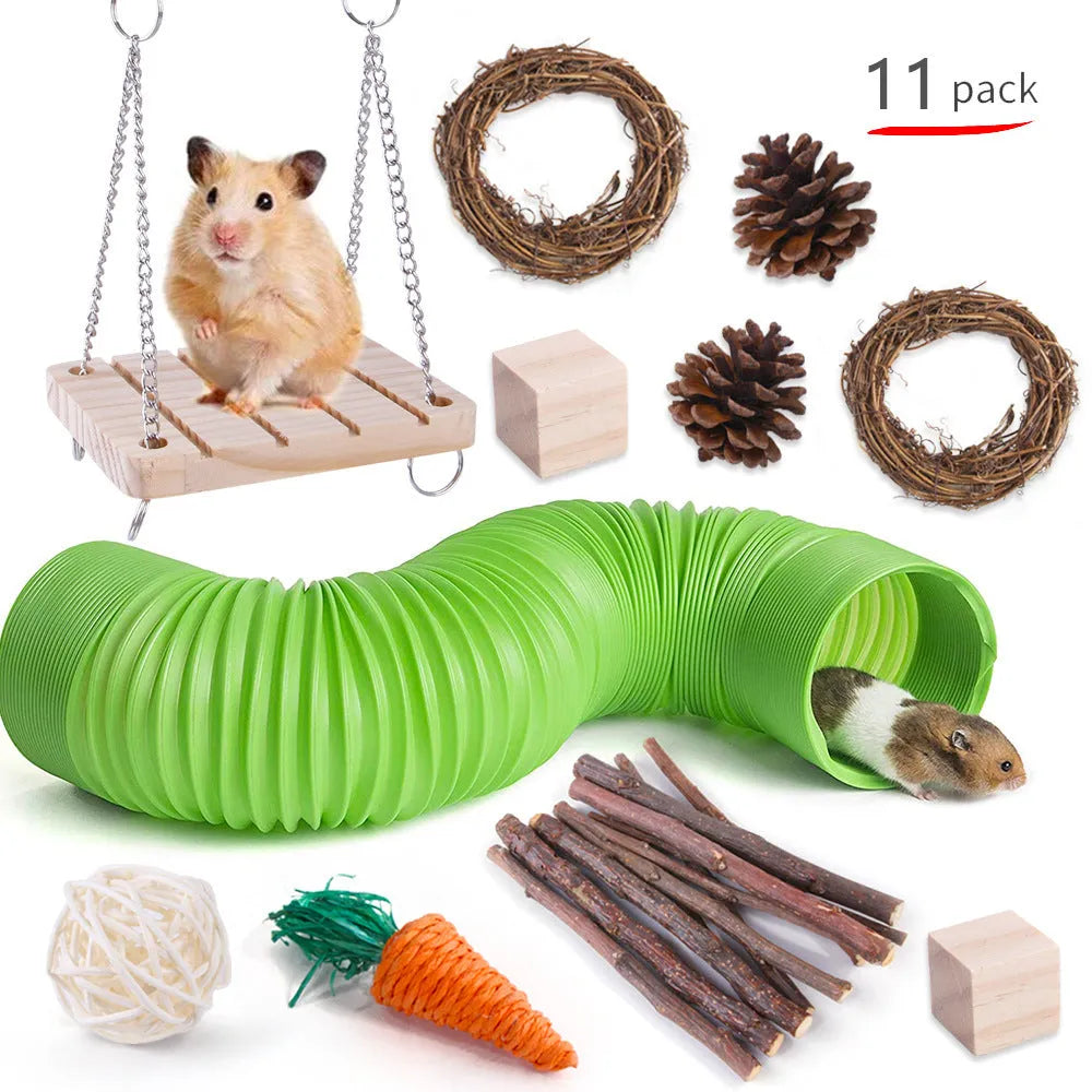 Assorted wooden chew toys for small pets including balls and mats on a natural background