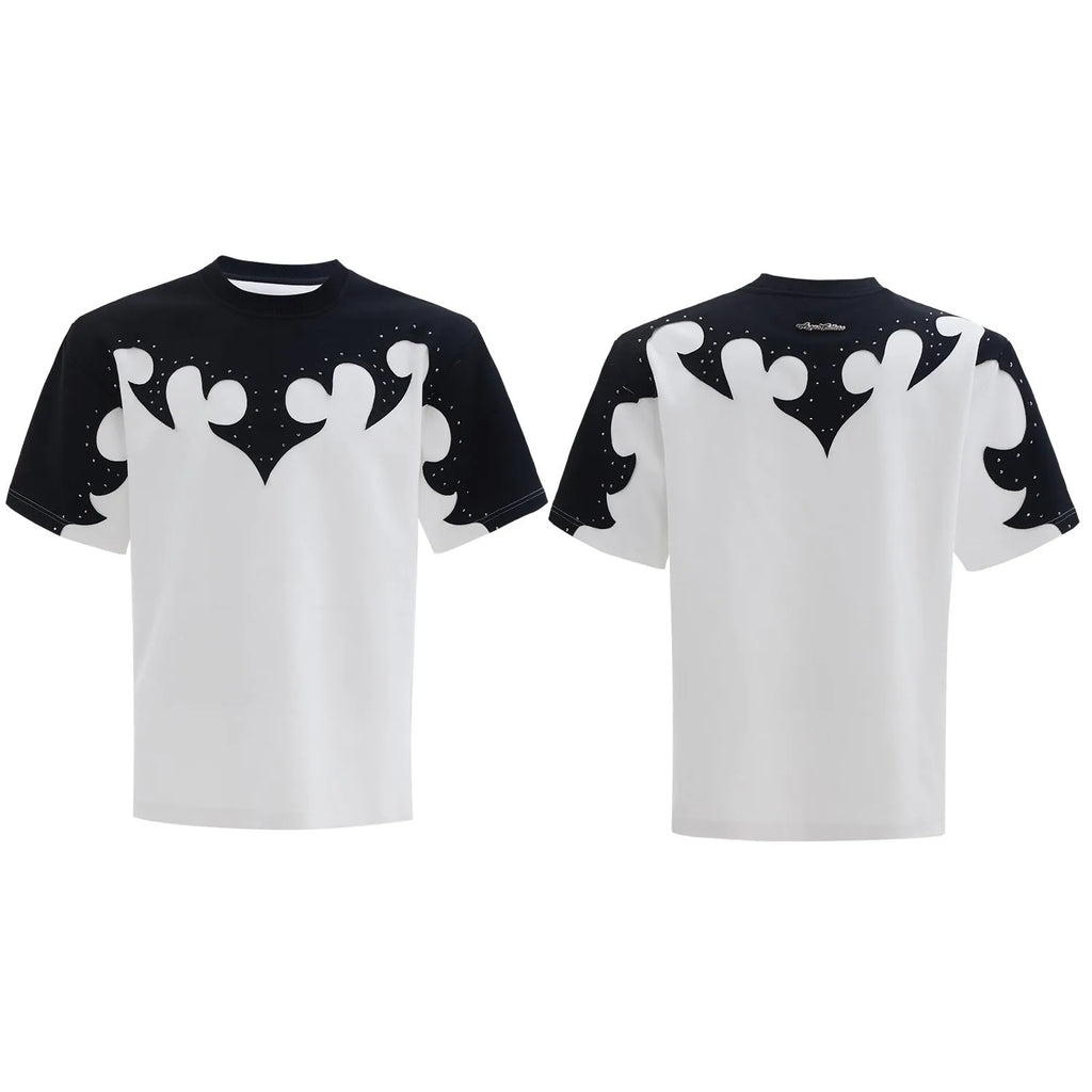 Men's grey cotton t-shirt with three-dimensional stitching and burnt flower rhinestone design on front