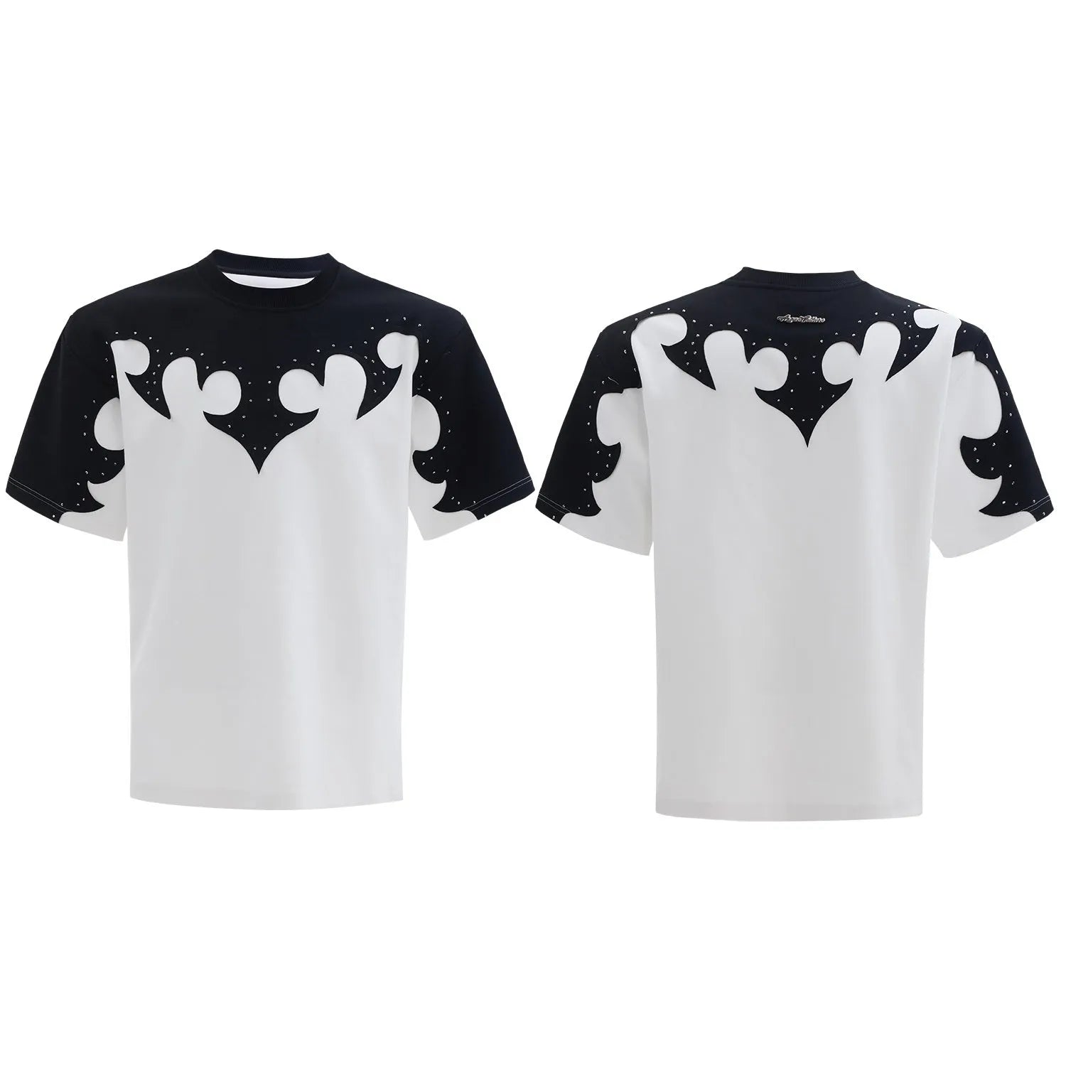 Men's grey cotton t-shirt with three-dimensional stitching and burnt flower rhinestone design on front