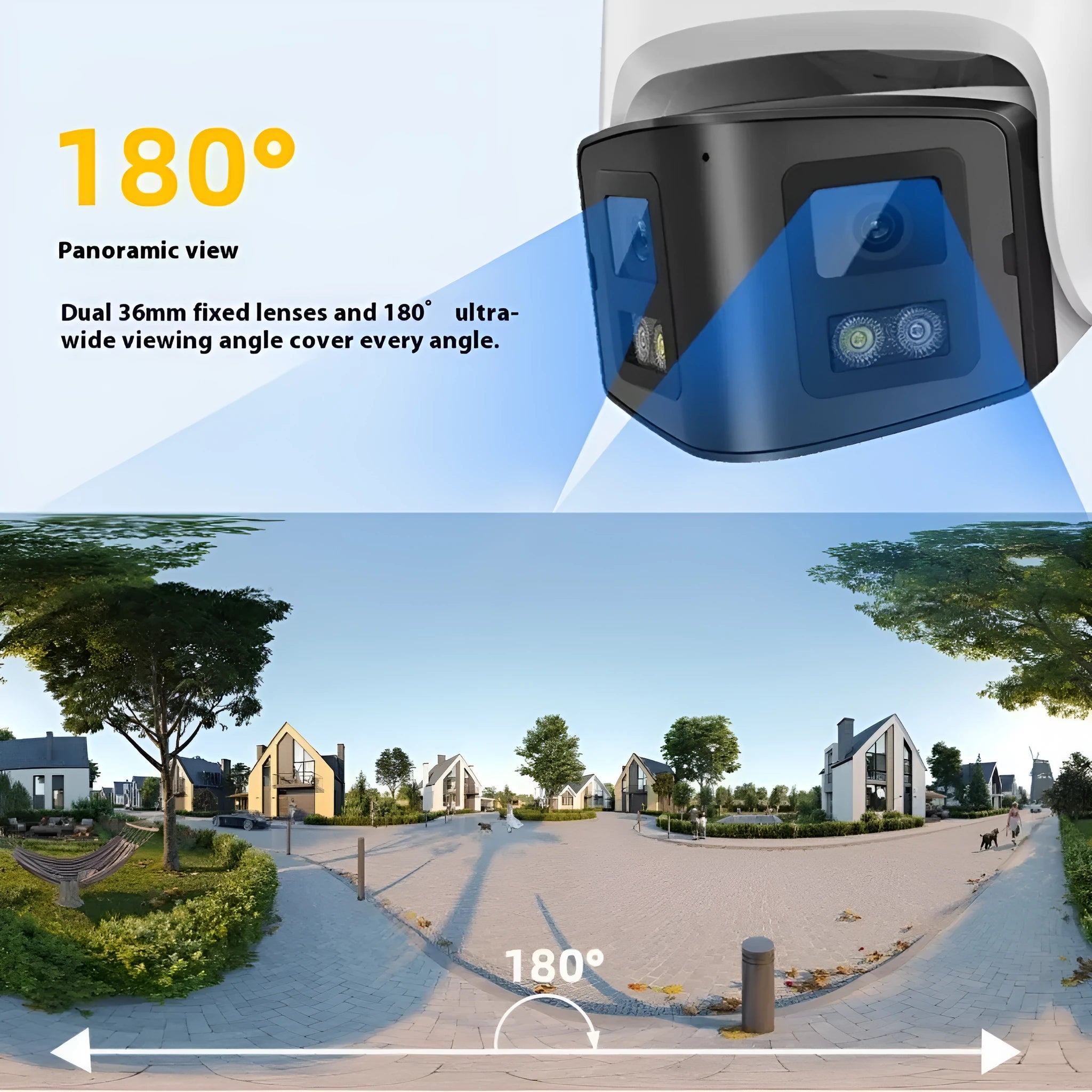 4MP dual-lens IP security camera with panoramic view and IP66 waterproof rating