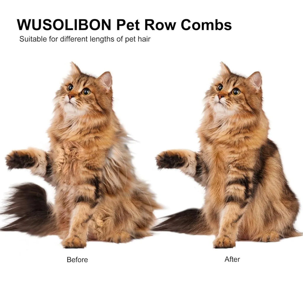 Cat comb with rounded stainless steel teeth and ergonomic handle on white background