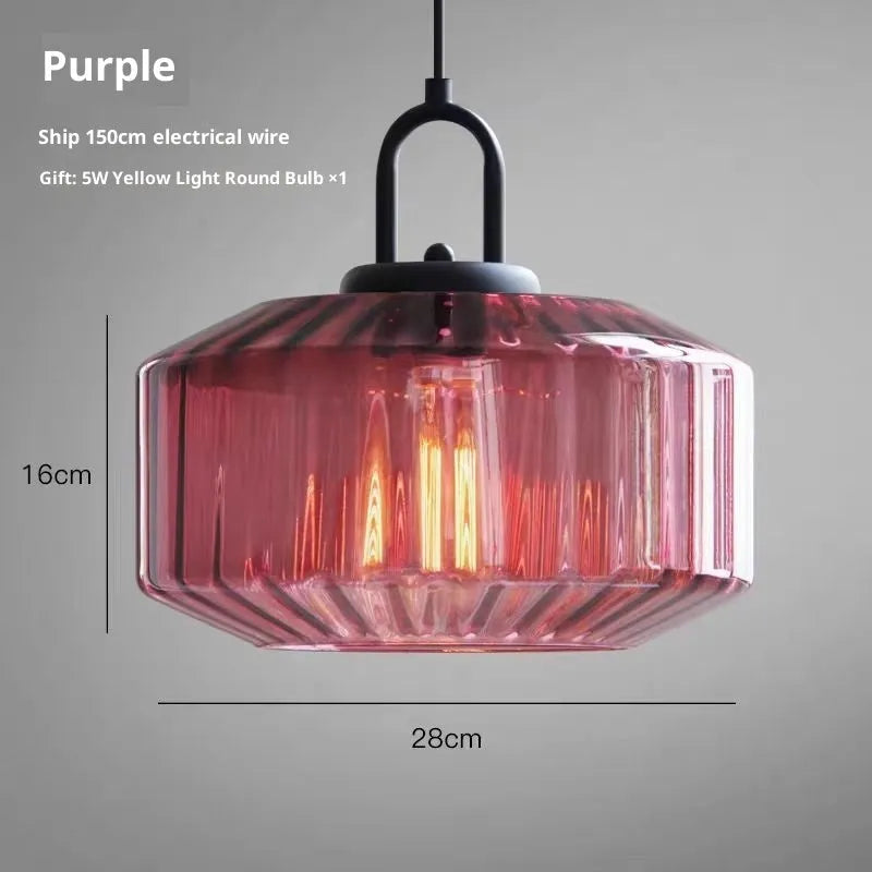 High grade stained glass chandelier in modern simplicity style on ceiling, showing warm light through coloured glass panels