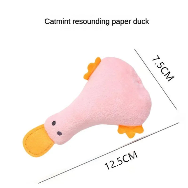 Yellow duck plush pet toy with squeaker, catnip filling, and internal rattle paper for cats and dogs