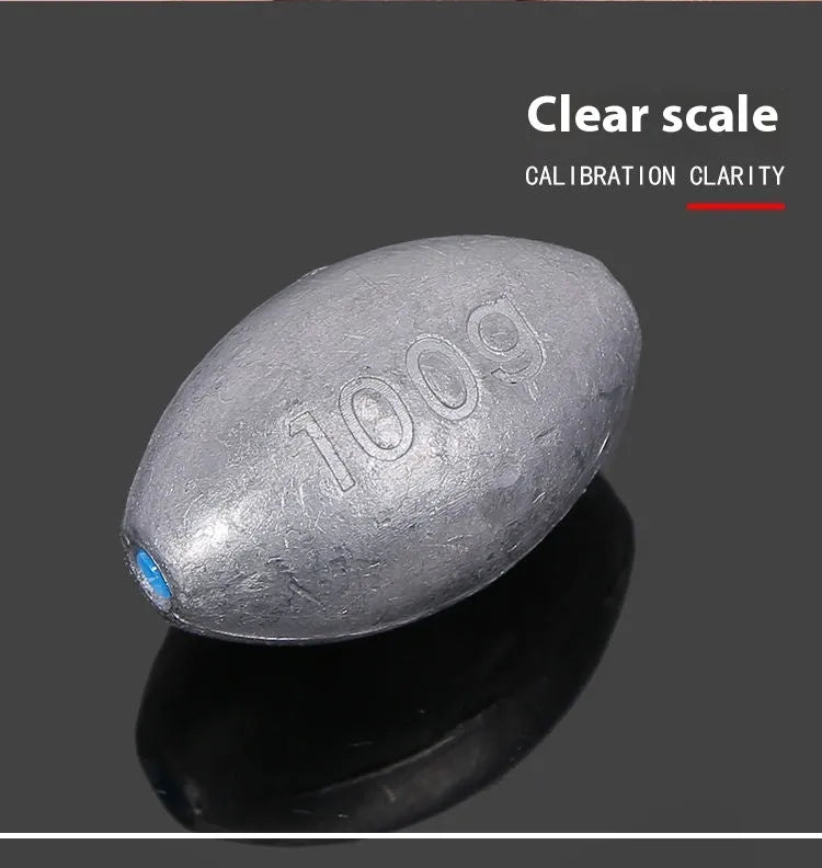 Sea fishing sinker with scale markings and plastic core olive lead in rugby shape