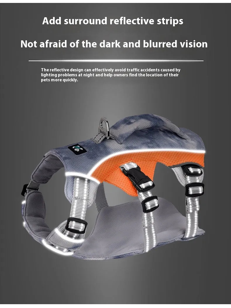 Reflective pet cooling vest chest strap in light blue, pink, dark blue, and orange colour options.