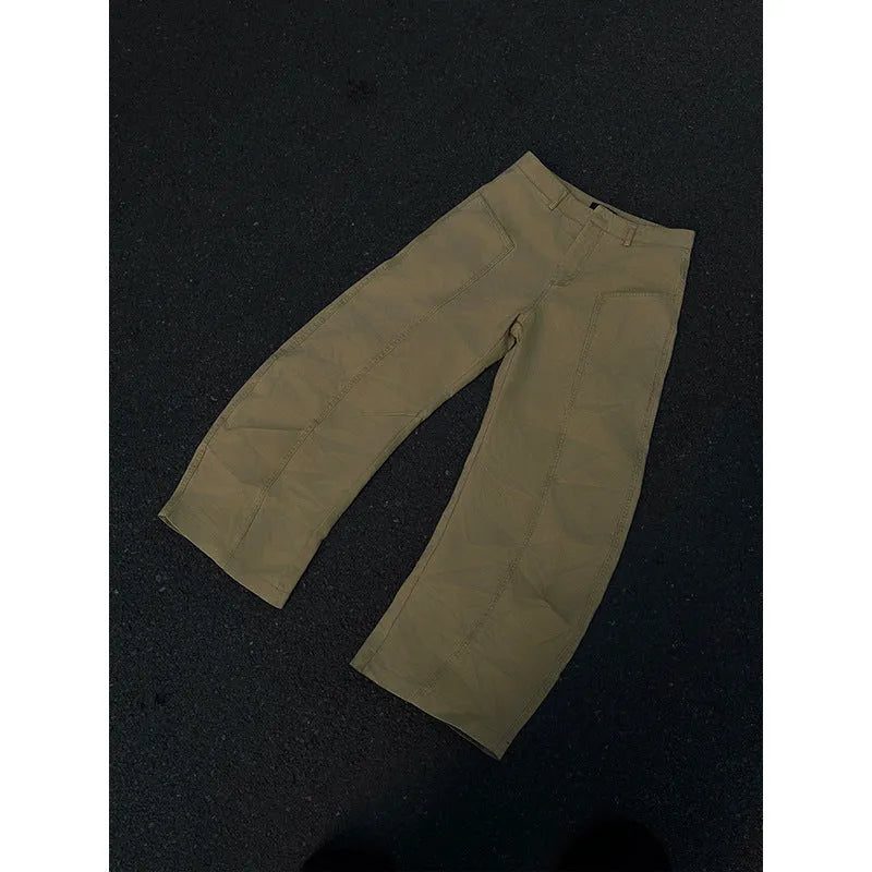 Men's khaki cotton straight-leg trousers showing American retro styling and solid colour