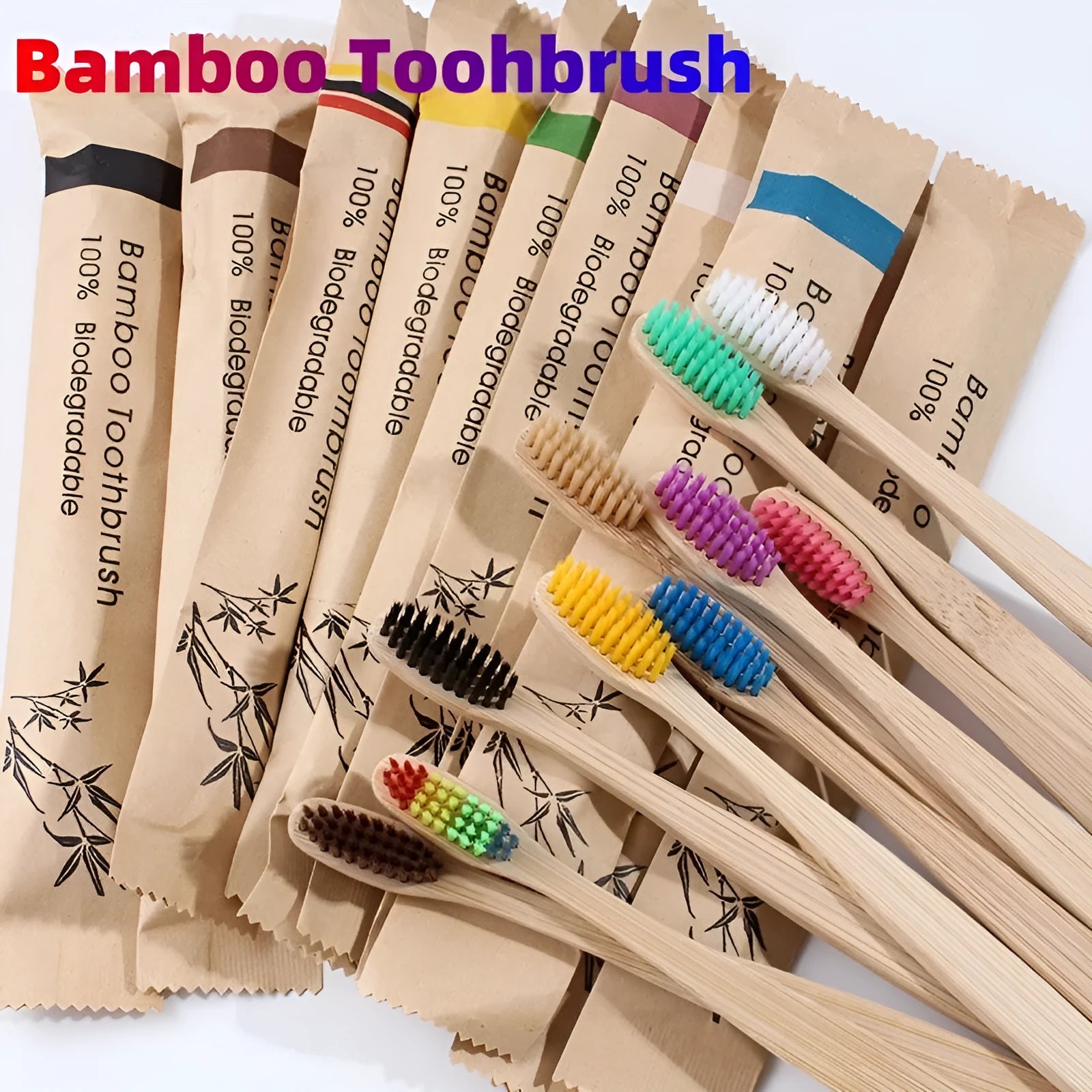 Set of 10 colourful bamboo toothbrushes with black charcoal bristles on a white background.