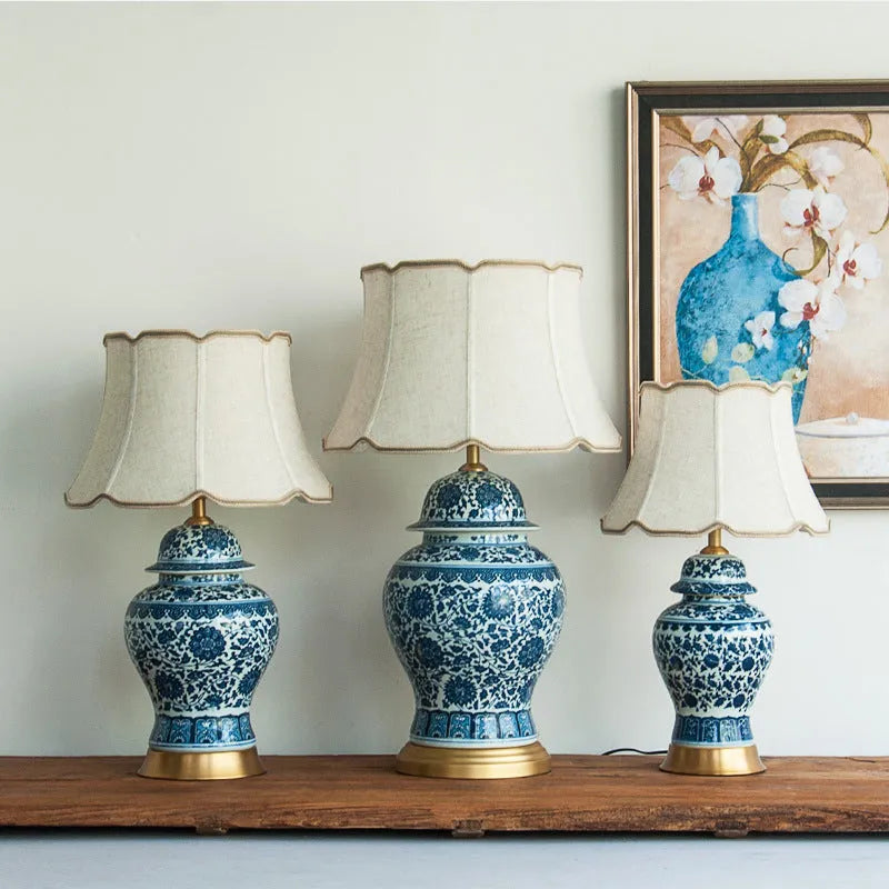 Chinese blue and white porcelain table lamp with handmade ceramic shade and cloth cover