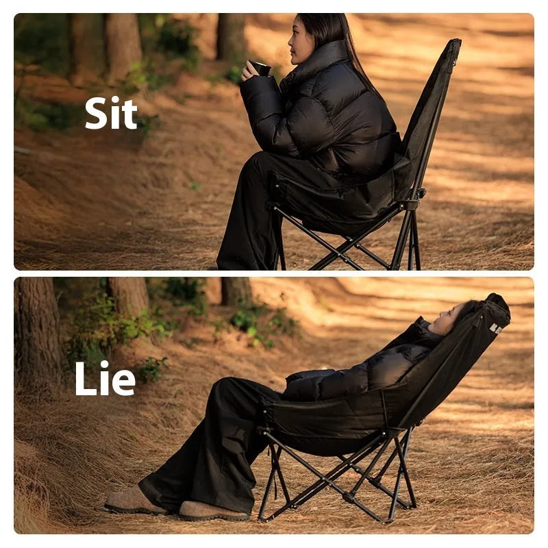 Night black folding moon chair with Oxford cloth seat shown folded and unfolded