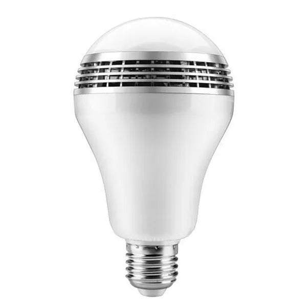 White E27 LED smart bulb with Bluetooth speaker, showing PC body and dimensions 100x150mm.