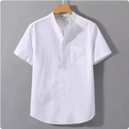 Men's beige casual stand collar short sleeve shirt made from slub linen blend fabric.