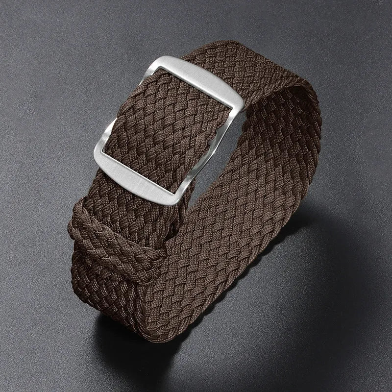 Woven nylon watchband in beige, 20mm width, with canvas-style finish on white background