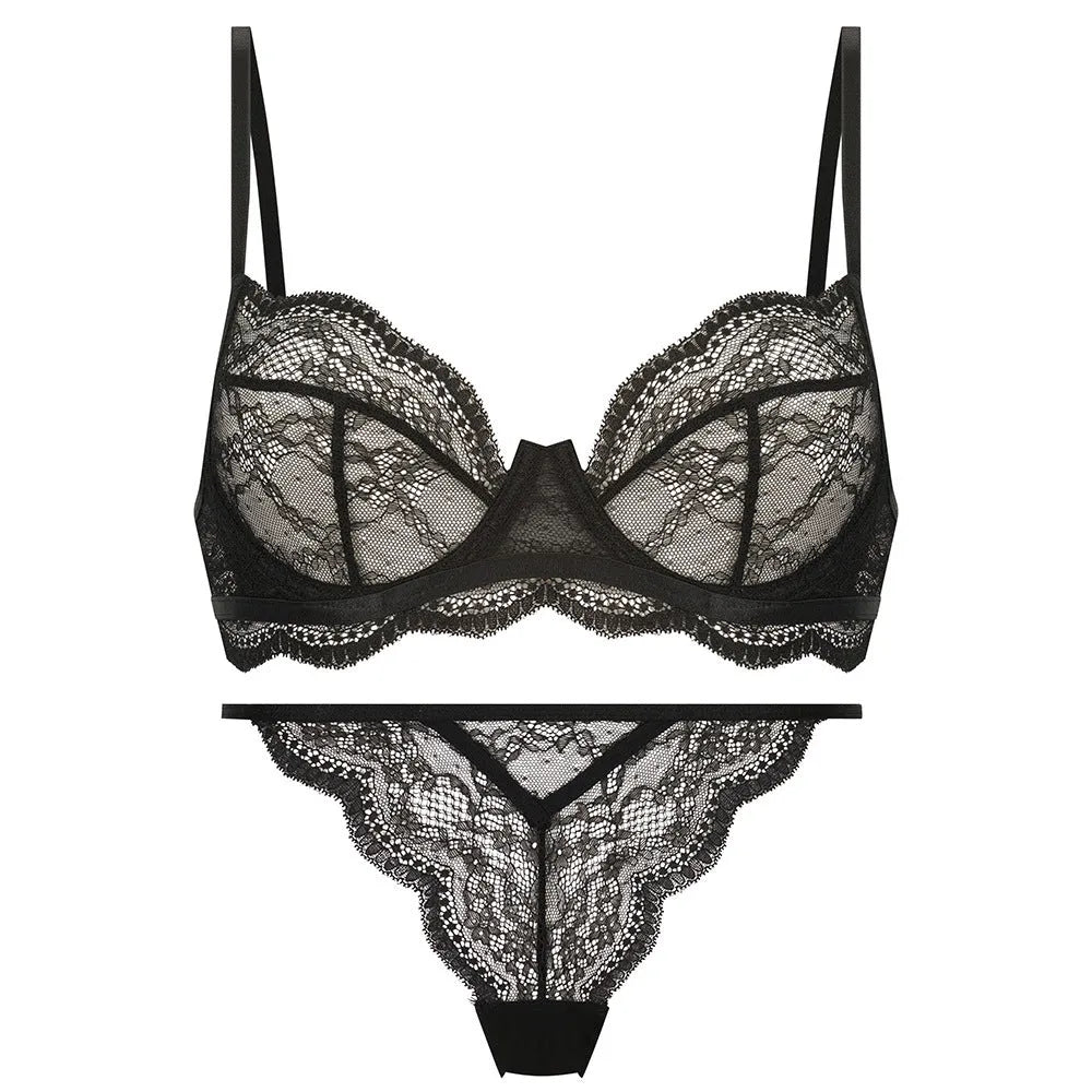 Women's black French bra suit bikini set with double shoulder straps, shown front on