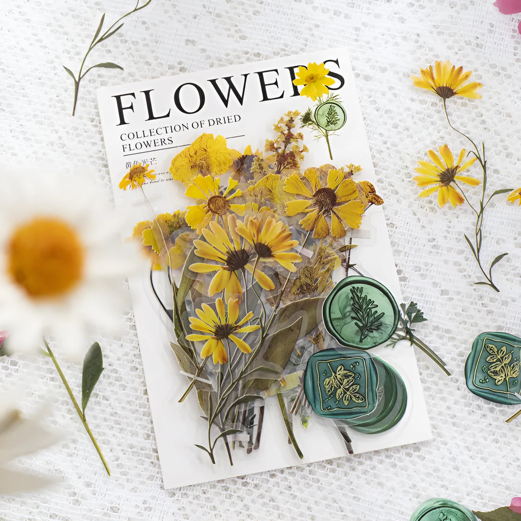 Dried flowers journal decoration stickers in 8 colour styles on PET sheets measuring 70x70mm