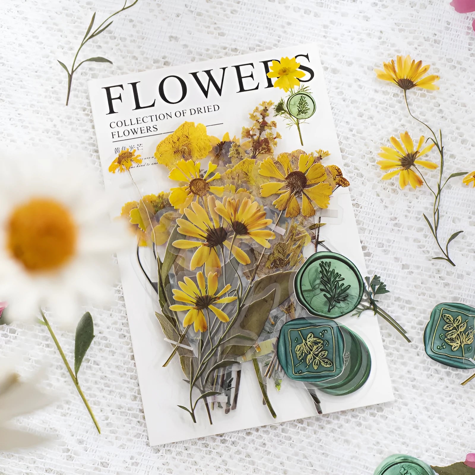 Dried flowers journal decoration stickers in 8 colour styles on PET sheets measuring 70x70mm