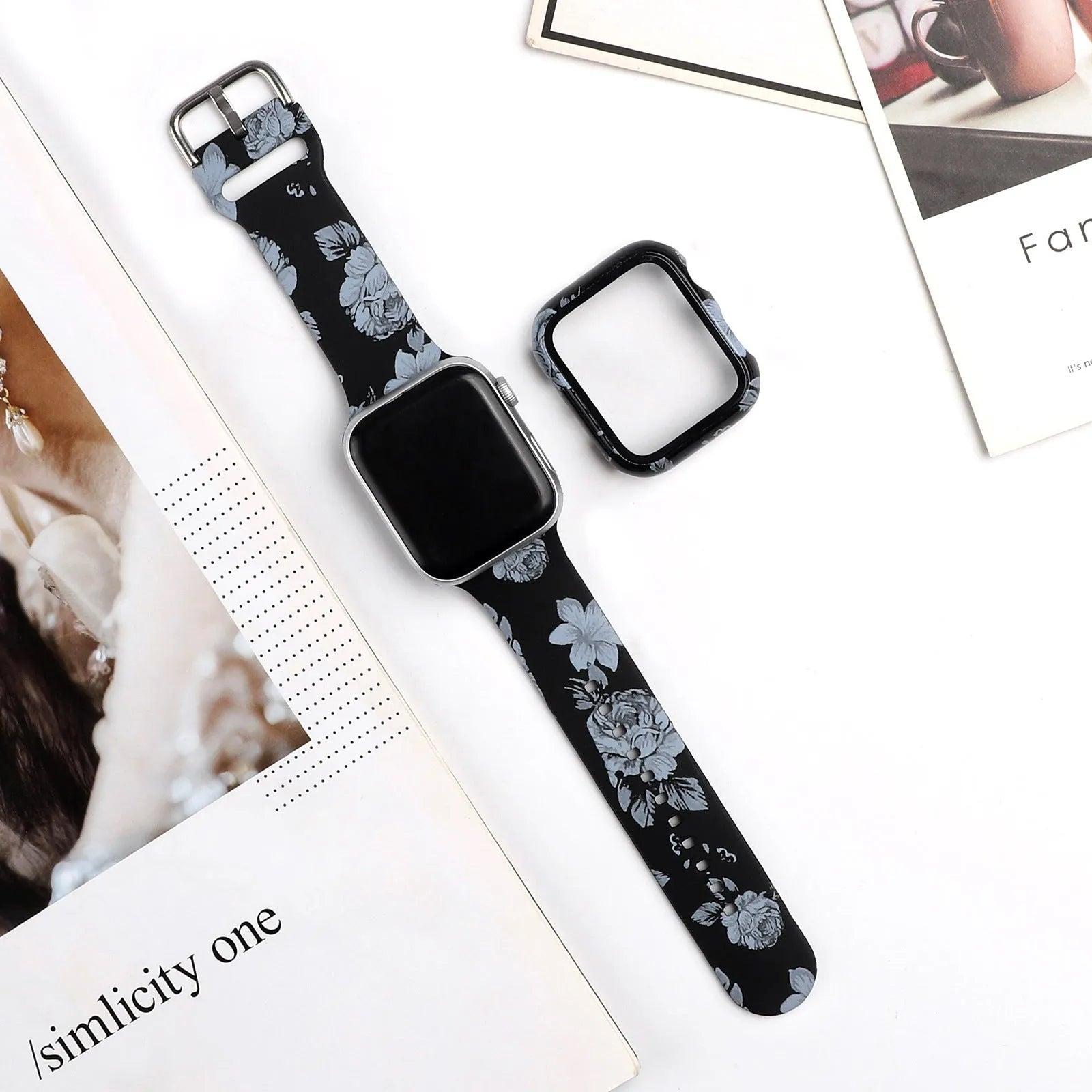 Printed silicone replacement strap for Apple iWatch models showing multiple design options and size selections.