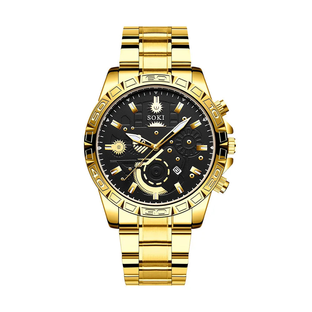 Men's gold business quartz watch with stainless steel strap and 10mm slim case