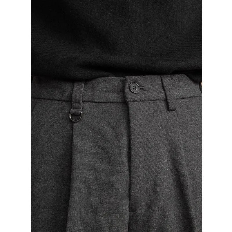 Men's straight-leg polyester trousers in a draped silhouette, shown in khaki colour.