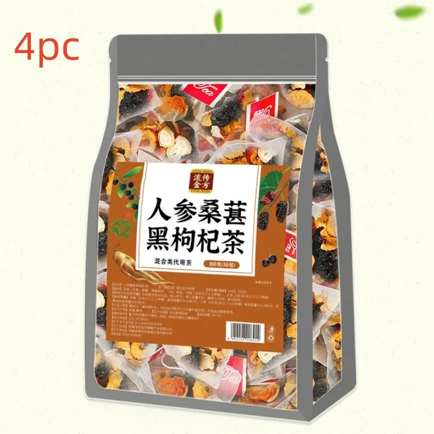 Bag of Ginseng Black Wolfberry Tea containing 40 individual 5g tea sachets, total 200g.