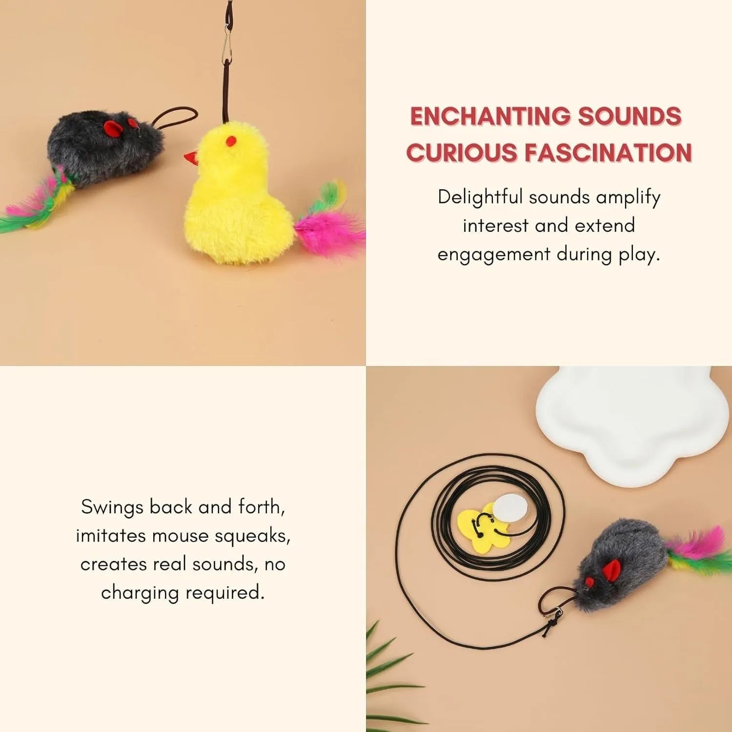 Grey and yellow retractable cat teaser toy hanging on door frame with treat bulb and dangling mouse.
