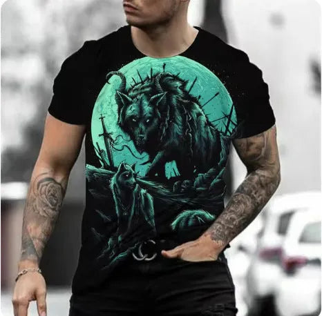 Man wearing a short-sleeved grey T-shirt with a detailed retro-style 3D animal graphic print on the front.