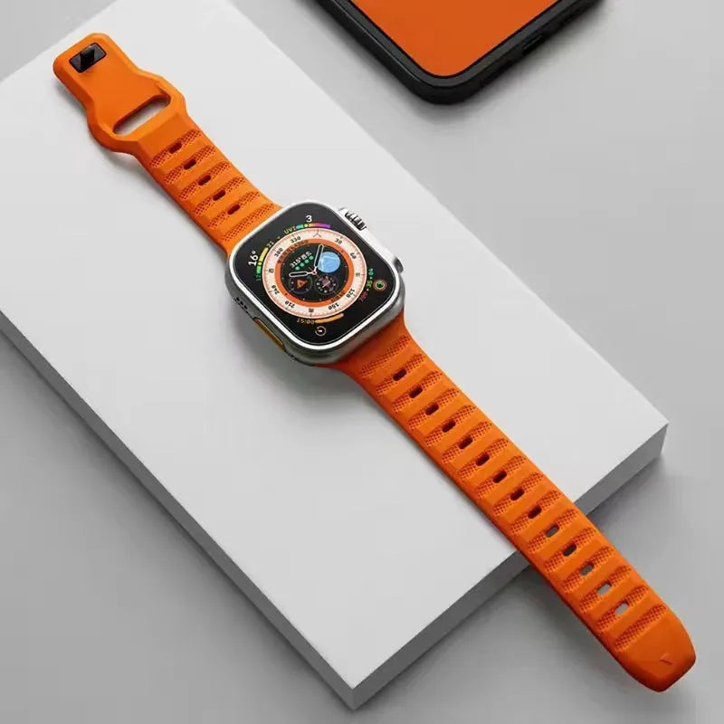 Fluoro rubber watch band with T buckle in black, orange, grey, pink, blue and starlight for iWatch Ultra and Series 1-8
