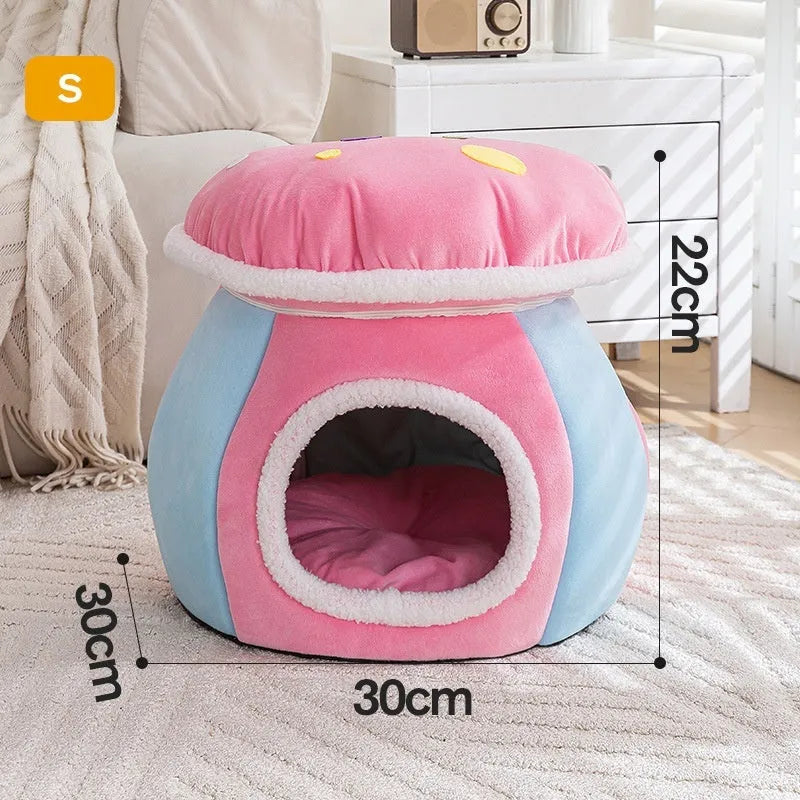 Grey mushroom-shaped plush cat bed showing enclosed cave design for cats.