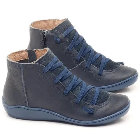 Women's casual ankle booties with synthetic PU upper and flat wedge heel in multiple colours
