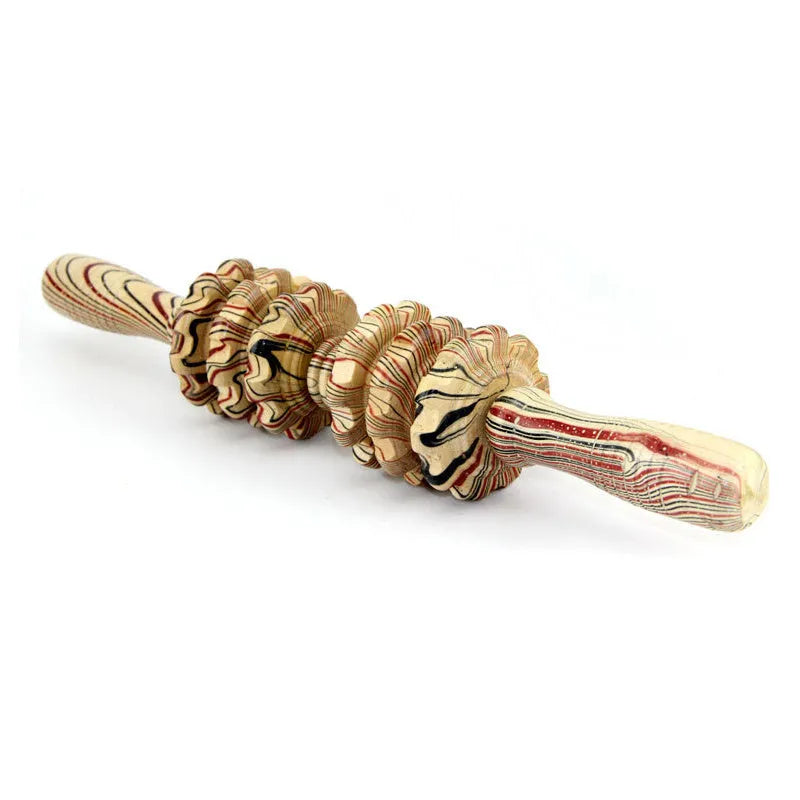 Wooden massage roller 38cm placed on surface, used for back and leg muscle trigger point recovery