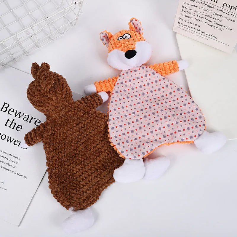 Pet stuffed toy showing fox, elephant, and dinosaur designs in brown, grey, and orange colours with soft velvet material