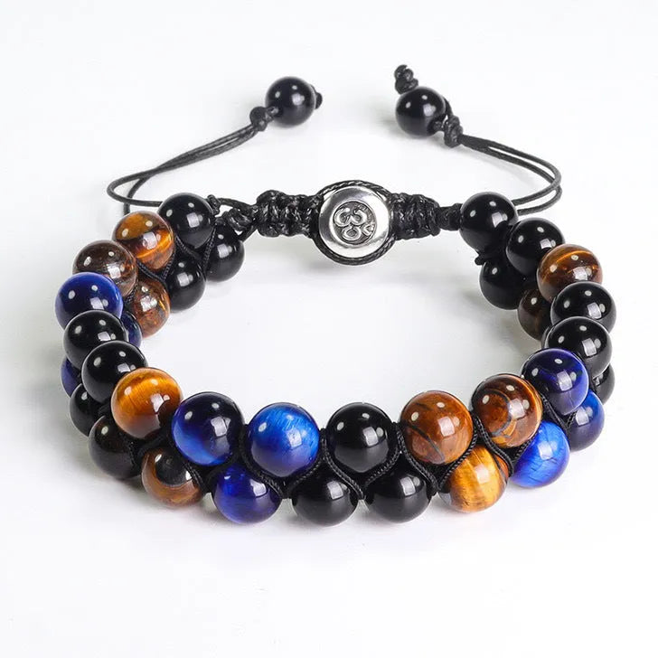 Men's double-layer woven tiger eye stone bracelet with bright magnetic clasp, blue yellow colourway