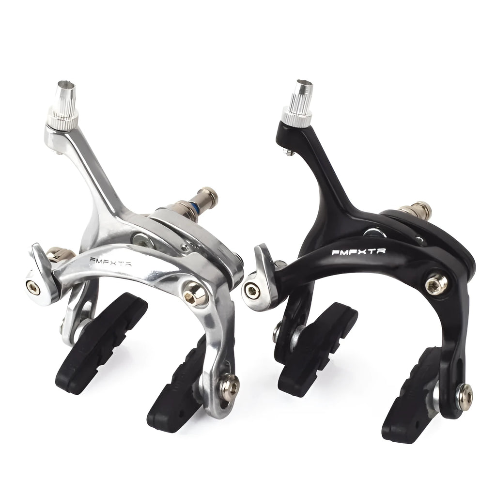 Pair of metal U-shaped dual-axis bicycle brake clamps in black and silver options for road bikes