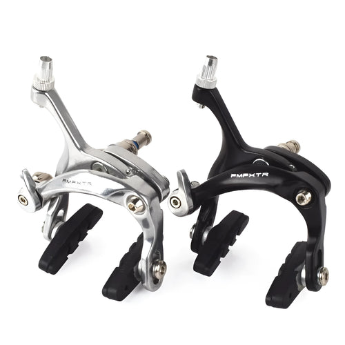 Pair of metal U-shaped dual-axis bicycle brake clamps in black and silver options for road bikes