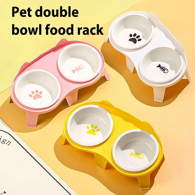 Ceramic cat food and water bowl set on a white tilted ABS stand, shown in blue colour