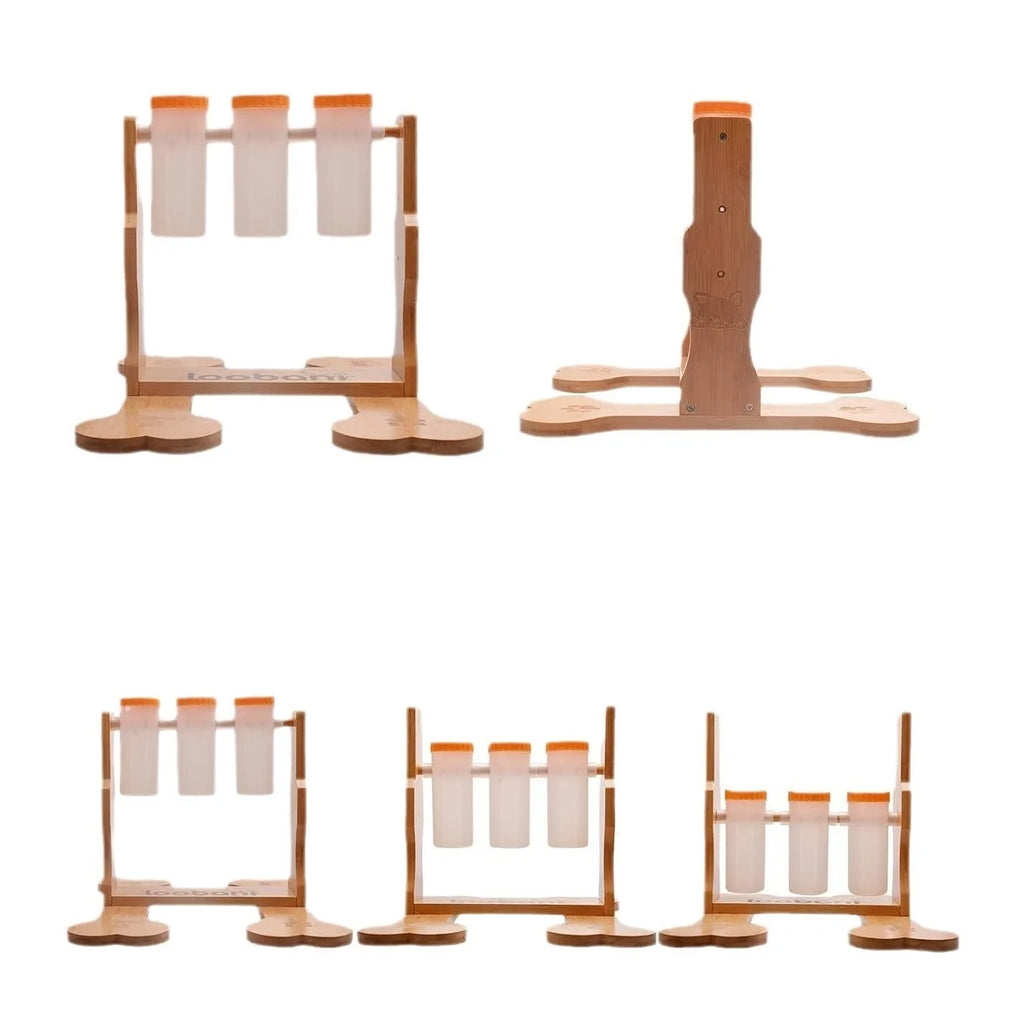 Wooden dog puzzle toy snack dispenser feeder with treat compartments.