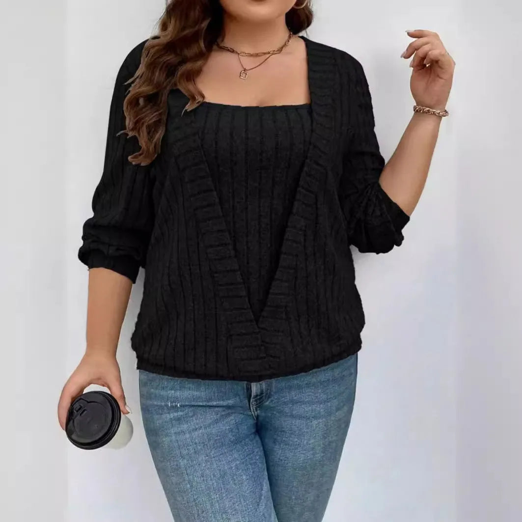 Women's solid colour ribbed false two-piece suit with V-neck and long sleeves in loose fit.