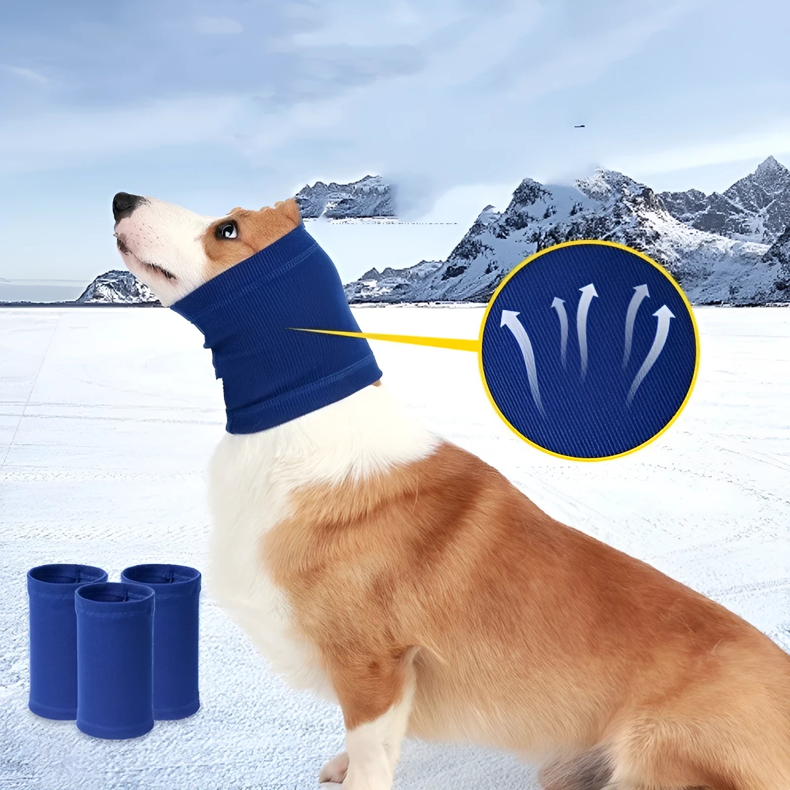 Blue and grey polyester dog head cover in three sizes for canine head protection
